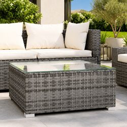 Outdoor Coffee Table Grey 60x60x30cm Poly Rattan Glass Patio Garden Furniture