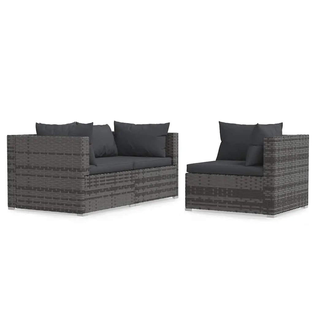 3 Piece Outdoor Garden Lounge Set Grey Poly Rattan Sectional Sofa with Cushions