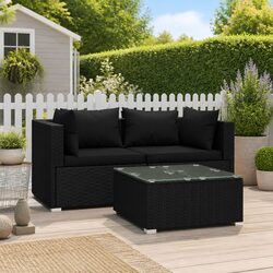 3 Piece Garden Lounge Set Outdoor Patio Furniture with Cushions Black Rattan