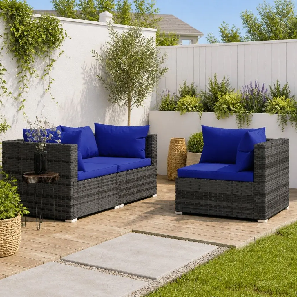 Garden Lounge Set 3 Piece with Cushions Outdoor Patio Sofa Grey Poly Rattan