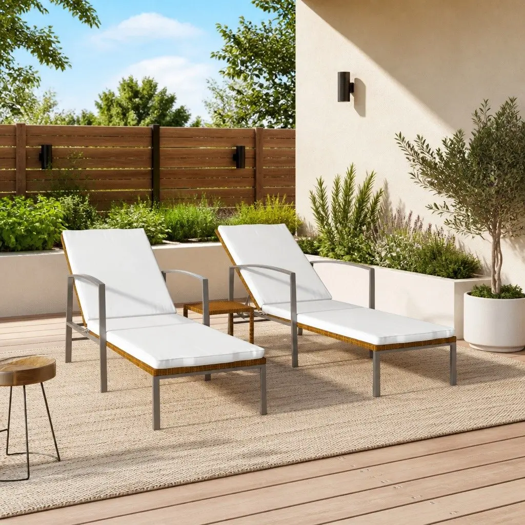 Sun Loungers Outdoor Garden Patio Furniture Adjustable Brown Poly Rattan 2 Piece Set