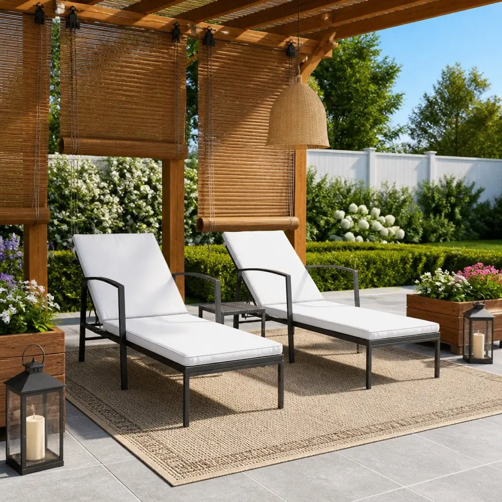 Sun Loungers Adjustable Outdoor Garden Patio Lounge Chair Black 2 Piece Set with Side Table