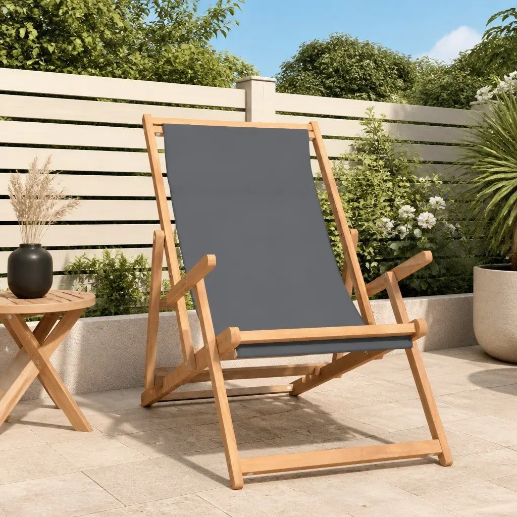 Folding Beach Chair Outdoor Relaxation Adjustable Backrest Teak Wood Grey