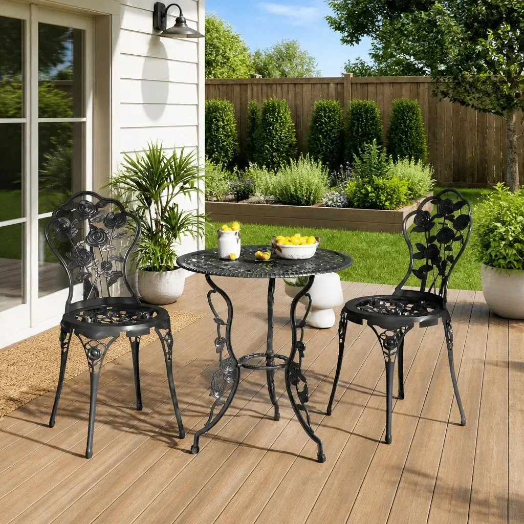 3 Piece Bistro Set Outdoor Dining Cast Aluminium Black Garden Patio Furniture
