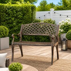 Garden Bench 102cm Cast Aluminium Outdoor Seating Brown Patio Furniture