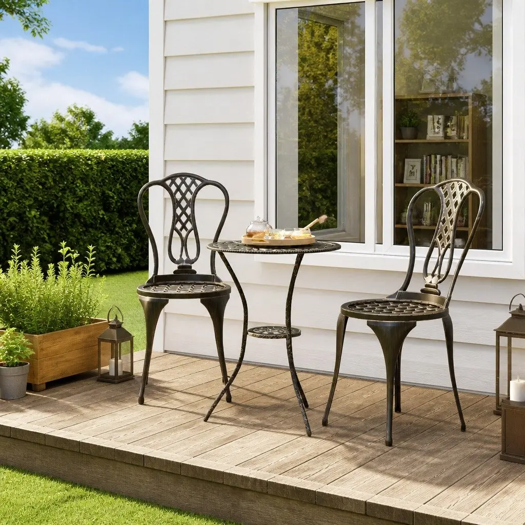 3 Piece Bistro Set Outdoor Garden Patio Furniture Cast Metal Brown Floral Design