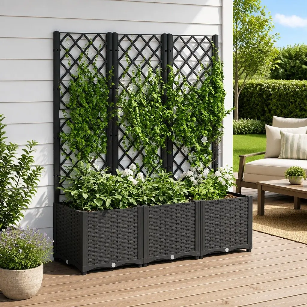 Raised Garden Planter with Trellis 120x40x136cm Black