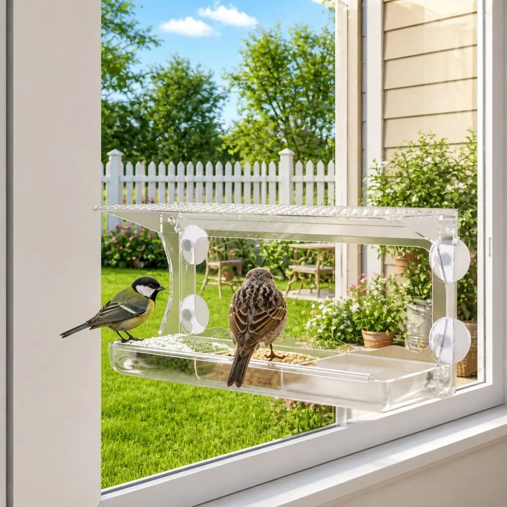 Window Bird Feeders Outdoor Feeding 30 x 12 x 15 cm Transparent Acrylic 2 Piece