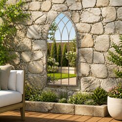 Garden Mirror Outdoor Decor Wall Mount Cream Iron Antique Effect 100x45cm