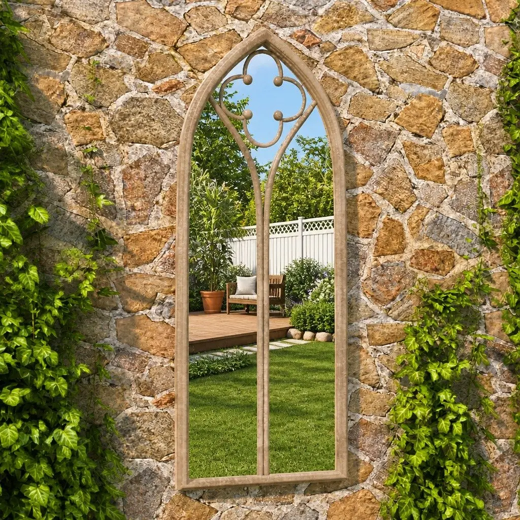 Garden Mirror Outdoor Decor Wall Mount 100x45cm Cream Rust Effect Iron