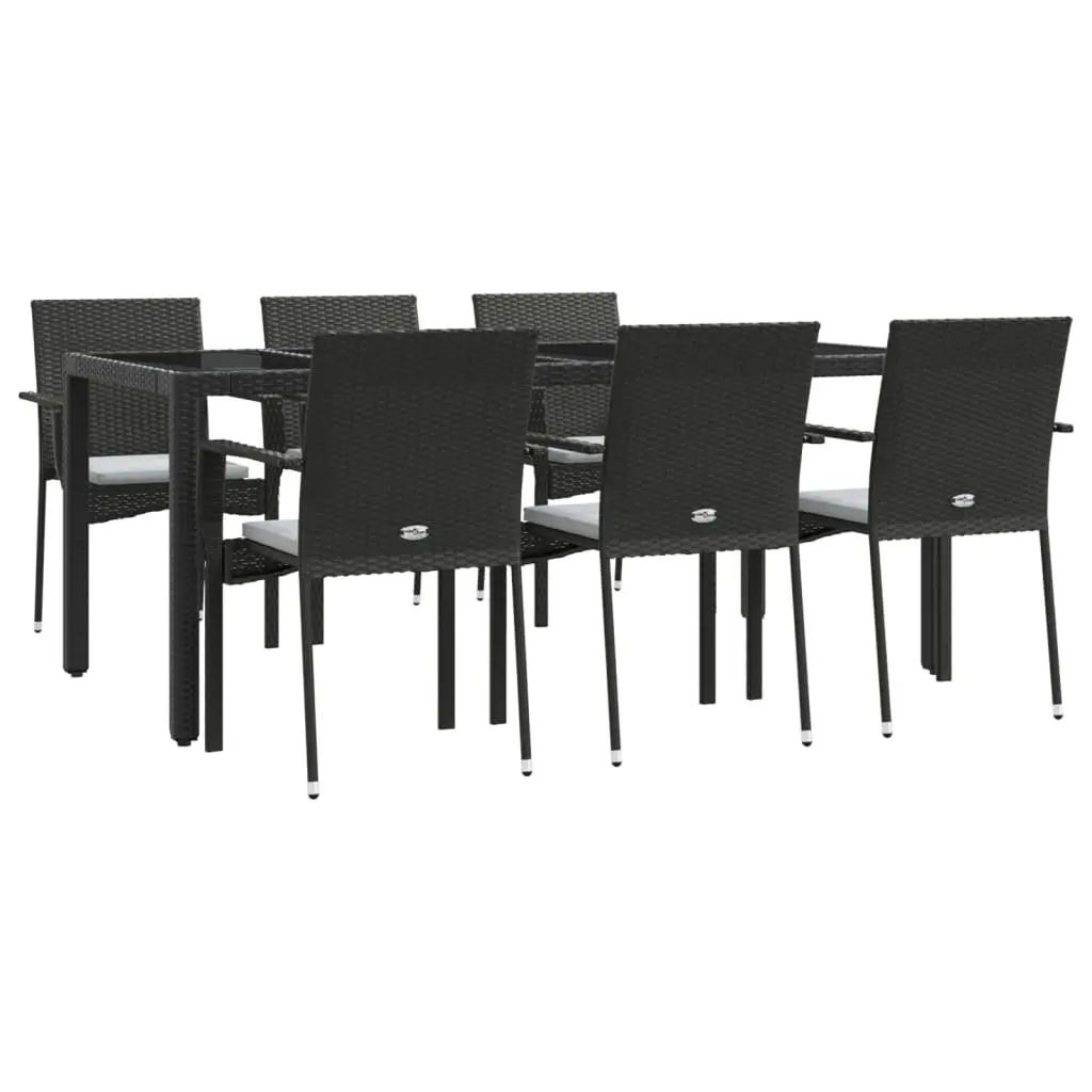 Outdoor Furniture Dining Set 7 Piece Black Poly Rattan with Acacia Wood Table and Cushions