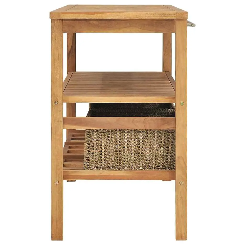 Bathroom Vanity Cabinet Solid Teak Wood with Seagrass Storage Baskets Brown 132W x 45D x 75H cm