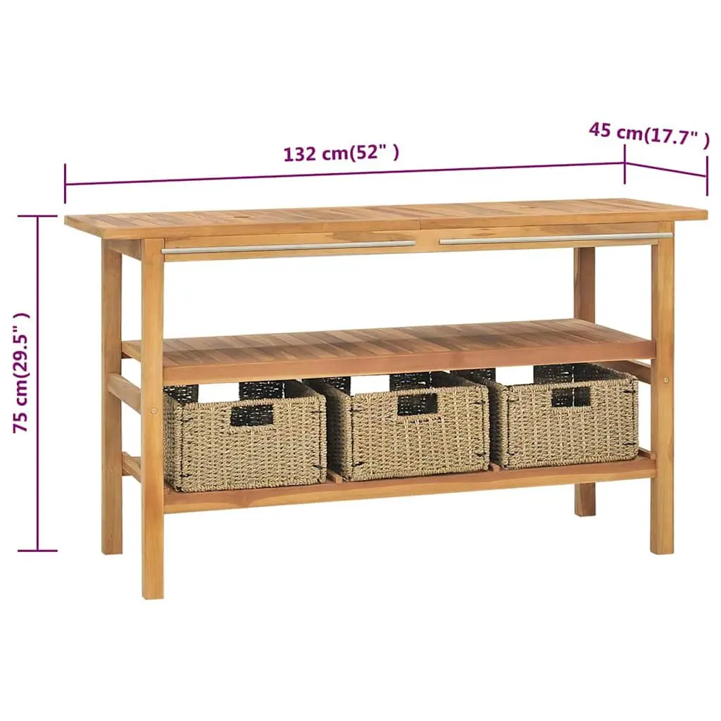 Bathroom Vanity Cabinet Solid Teak Wood with Seagrass Storage Baskets Brown 132W x 45D x 75H cm