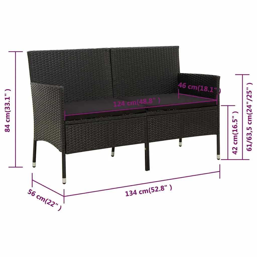 3-Seater Outdoor Garden Sofa Patio Bench Seat with Cushion Black Poly Rattan