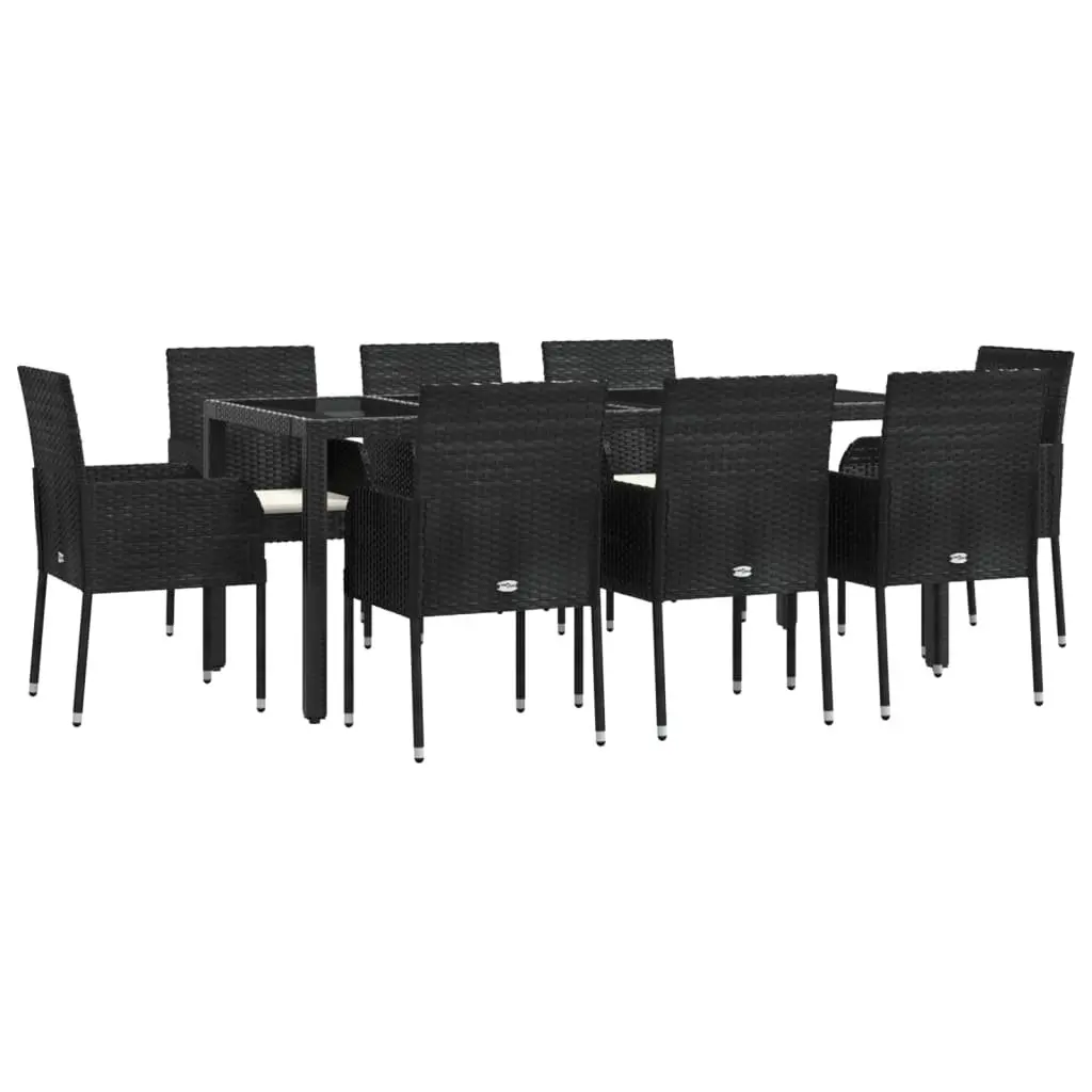 Outdoor Dining Set 9 Piece Black Poly Rattan Chairs Table Cushions for Garden