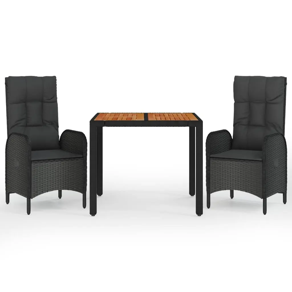 3 Piece Garden Dining Set with Cushions Black Poly Rattan Outdoor Furniture