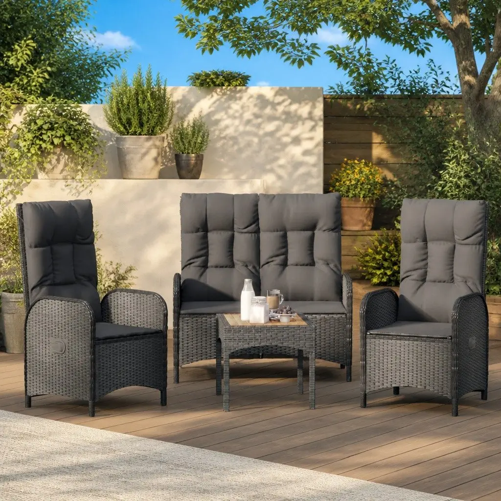 Garden Dining Set 3 Piece Outdoor Furniture Black Poly Rattan Chairs Table