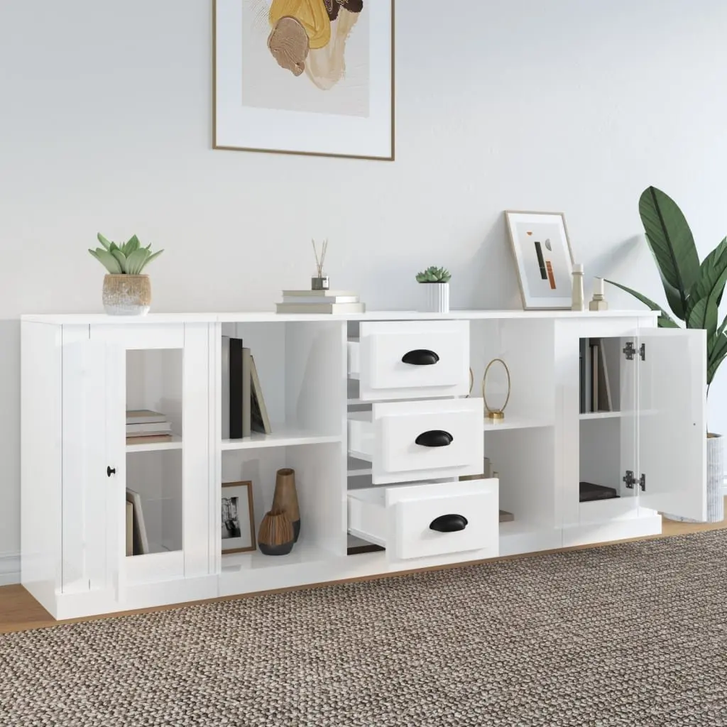 Sideboards 3 pcs High Gloss White Storage Cabinet Buffet Furniture Set