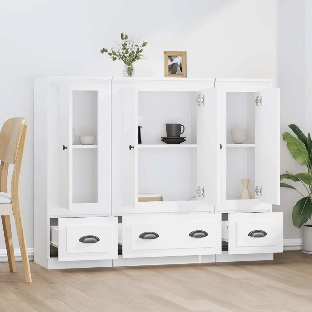 Highboards Storage Cabinet 3 Piece Set Engineered Wood White