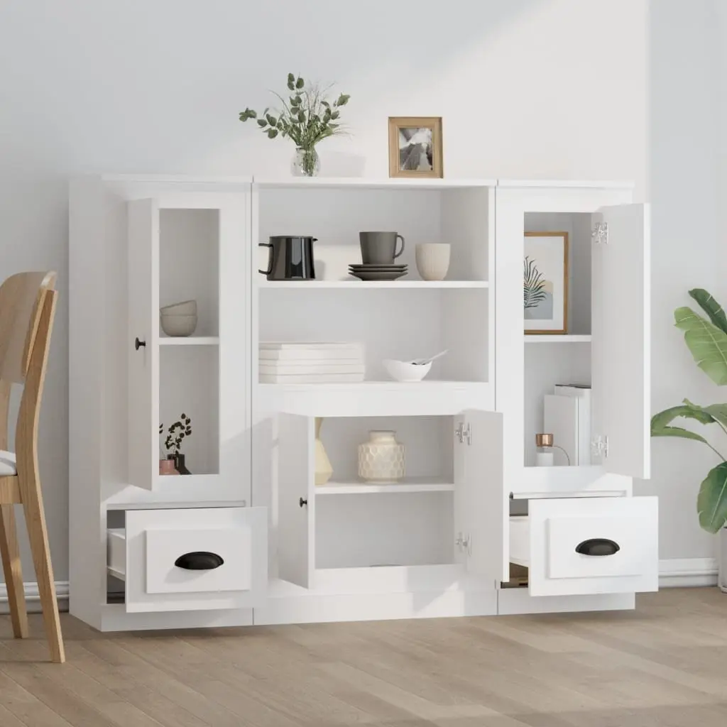 Highboards 3 Piece White Storage Cabinet Sideboard Buffet Engineered Wood