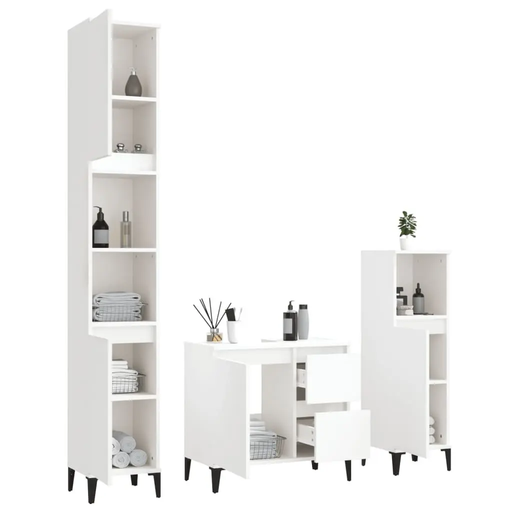 3 Piece White Bathroom Cabinet Set Storage Furniture Engineered Wood