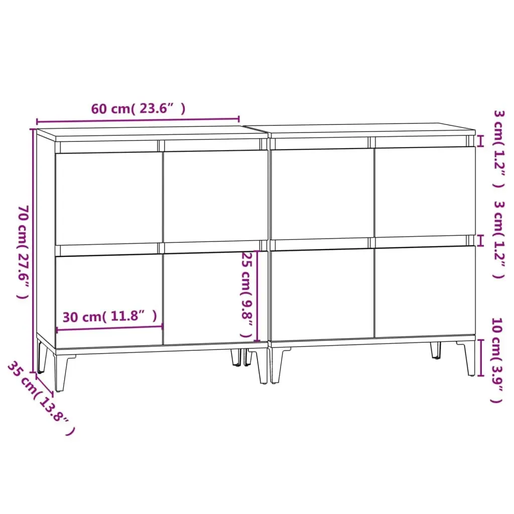 Sideboards Storage Cabinet 60x35x70 cm White 2 pcs Engineered Wood Compartment