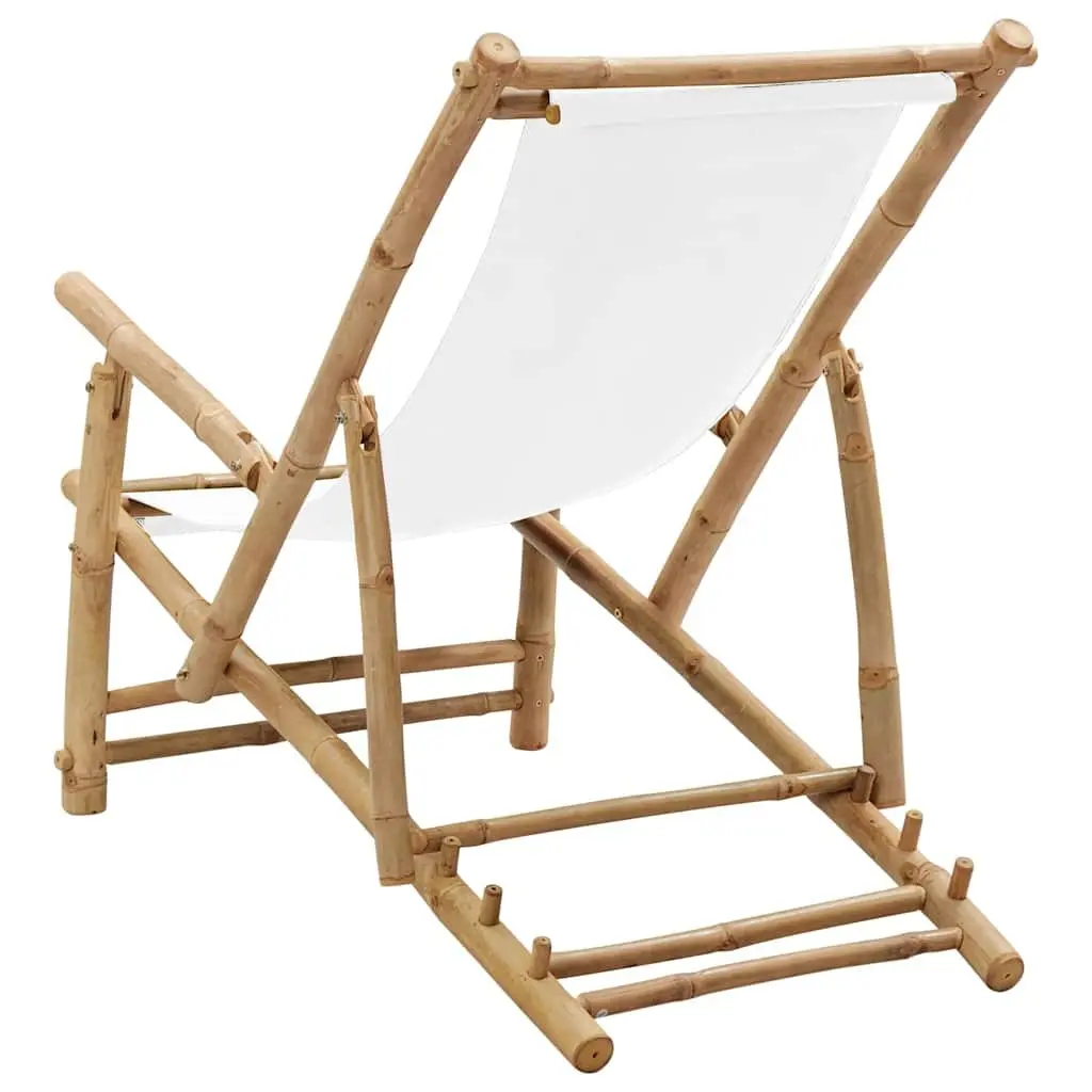 Deck Chair Bamboo Canvas White Outdoor Garden Patio Seating Adjustable Foldable