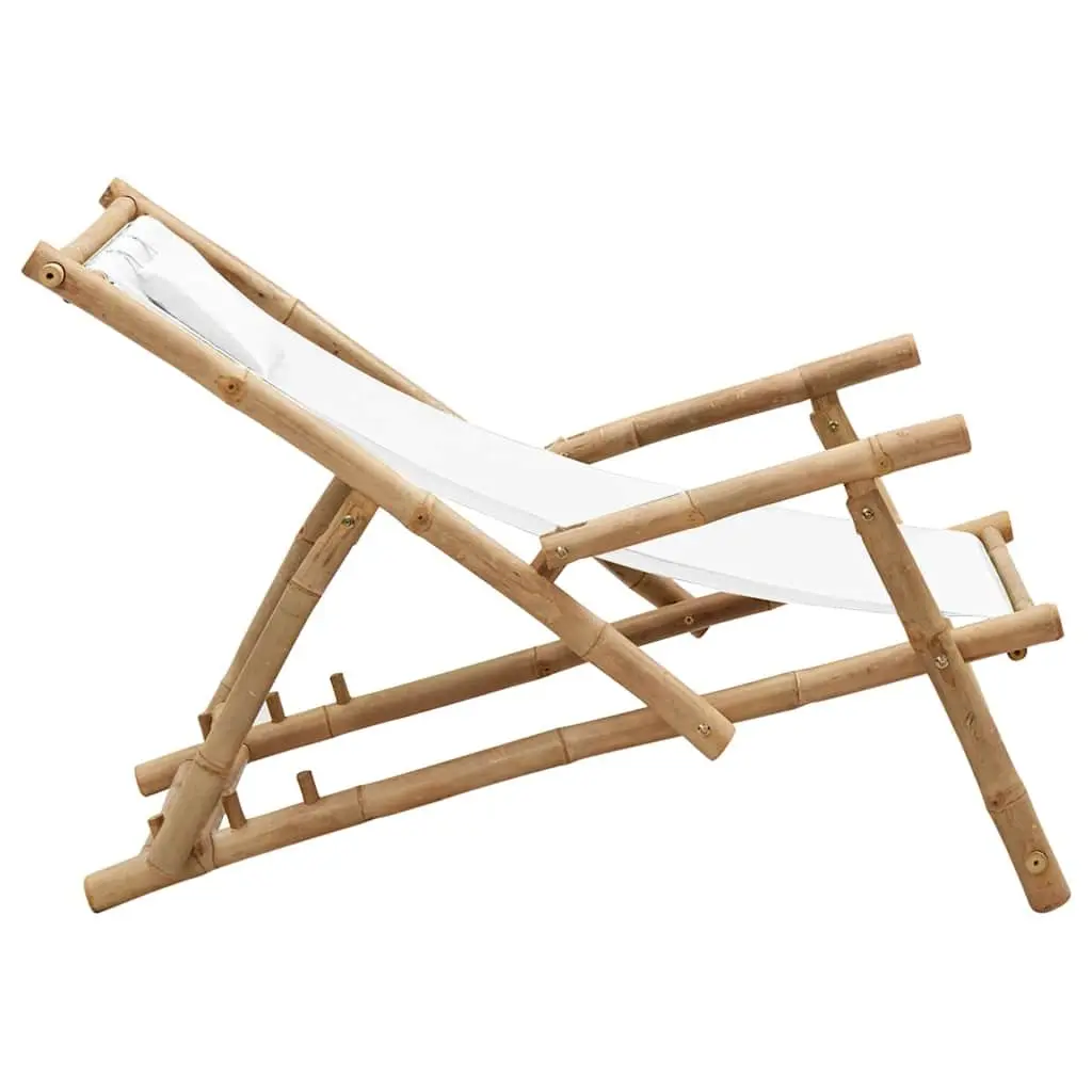 Deck Chair Bamboo Canvas White Outdoor Garden Patio Seating Adjustable Foldable