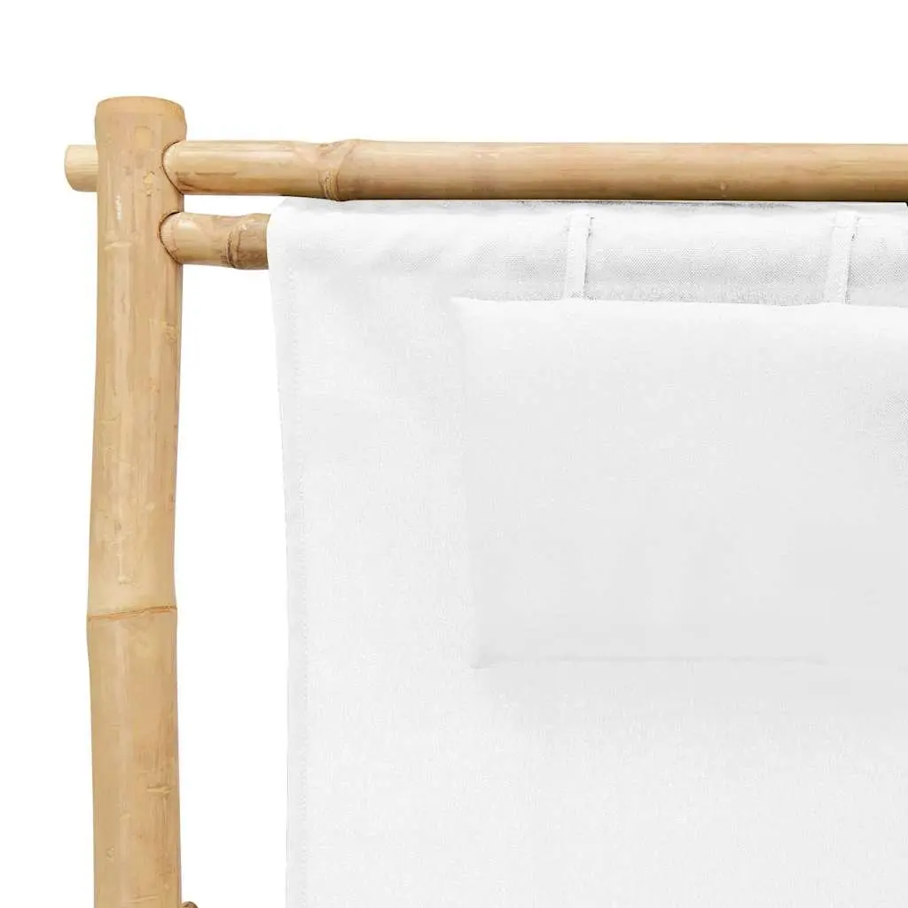 Deck Chair Bamboo Canvas White Outdoor Garden Patio Seating Adjustable Foldable