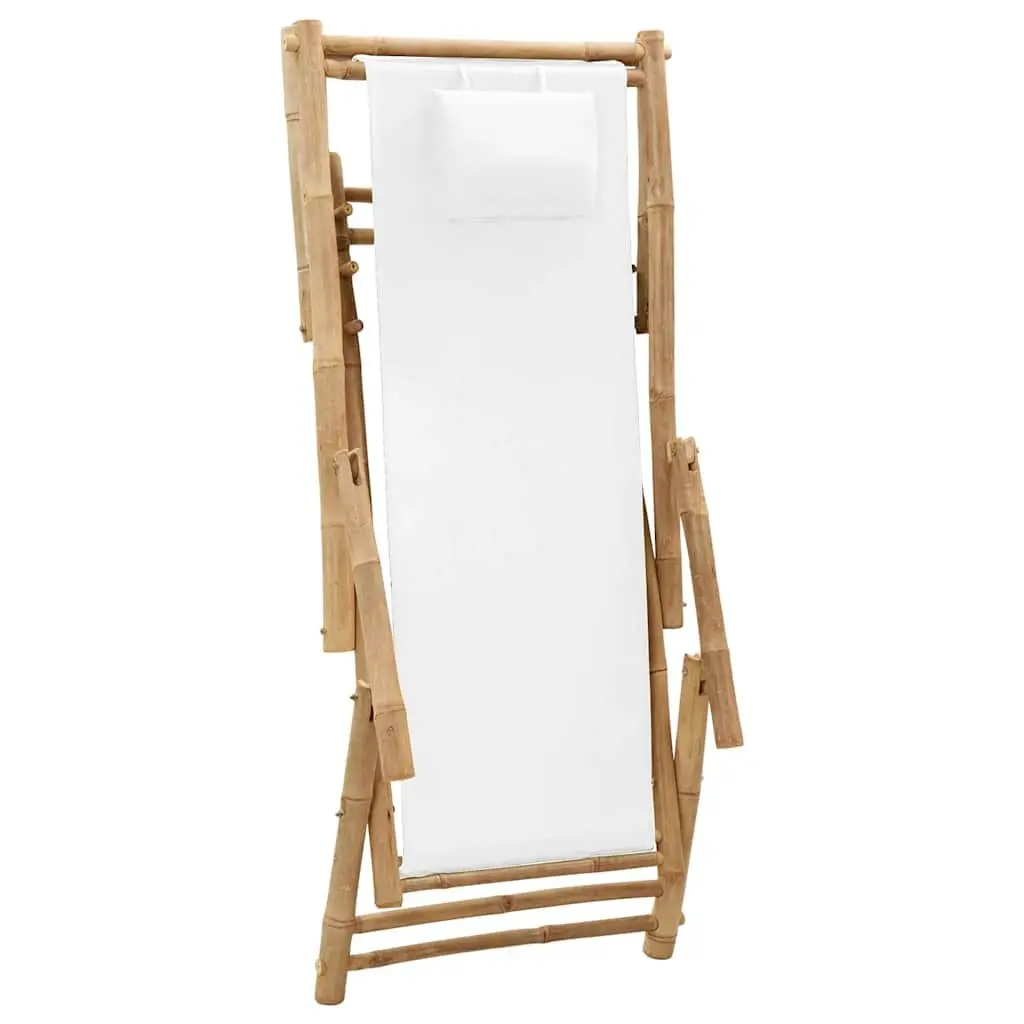 Deck Chair Bamboo Canvas White Outdoor Garden Patio Seating Adjustable Foldable