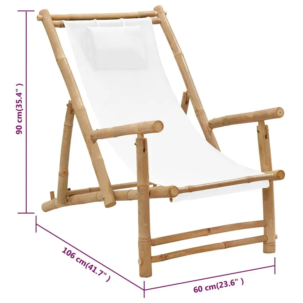 Deck Chair Bamboo Canvas White Outdoor Garden Patio Seating Adjustable Foldable