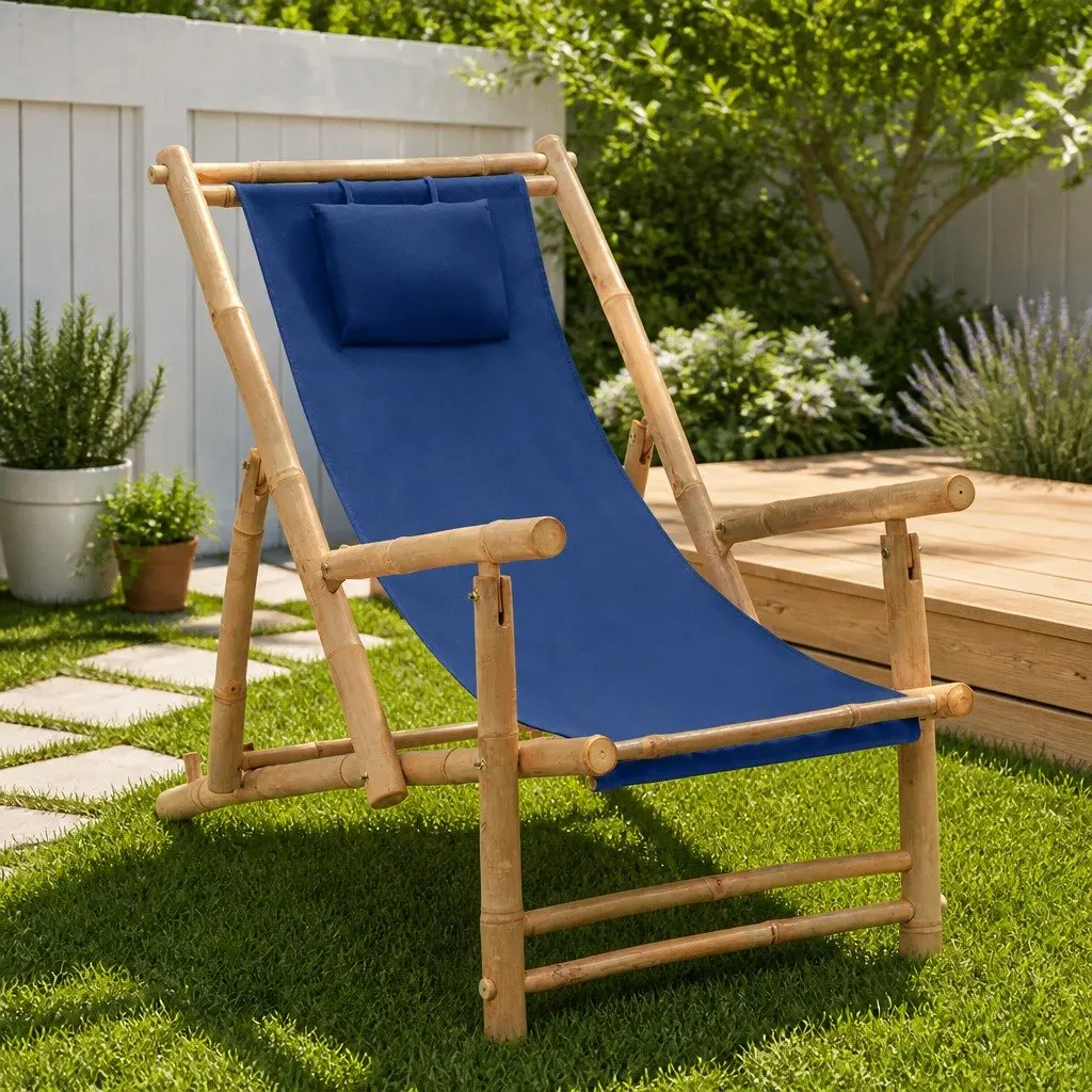 Outdoor Deck Chair Adjustable Backrest Bamboo Frame Canvas Seat Navy Blue