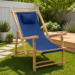 Outdoor Deck Chair Bamboo Frame Canvas Seat Adjustable Backrest Garden Patio