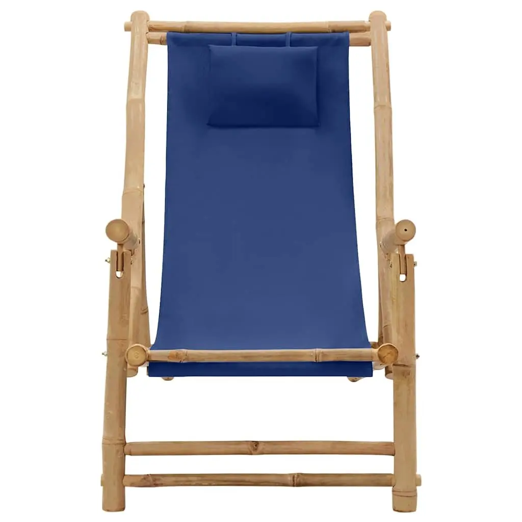 Outdoor Deck Chair Adjustable Backrest Bamboo Frame Canvas Seat Navy Blue