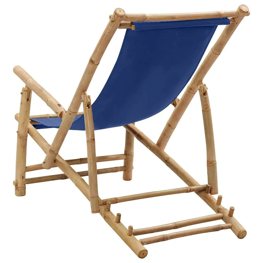 Outdoor Deck Chair Adjustable Backrest Bamboo Frame Canvas Seat Navy Blue