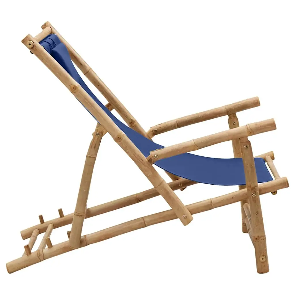 Outdoor Deck Chair Adjustable Backrest Bamboo Frame Canvas Seat Navy Blue