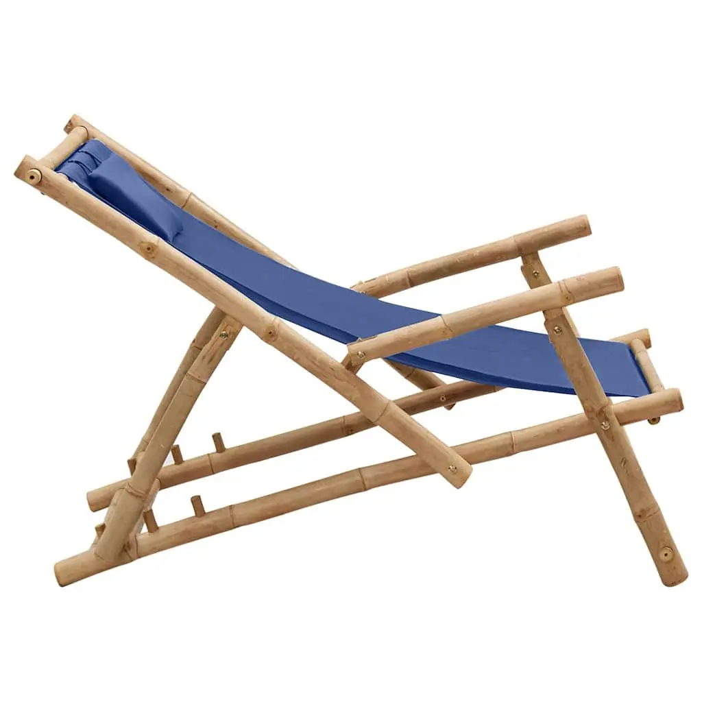 Outdoor Deck Chair Adjustable Backrest Bamboo Frame Canvas Seat Navy Blue