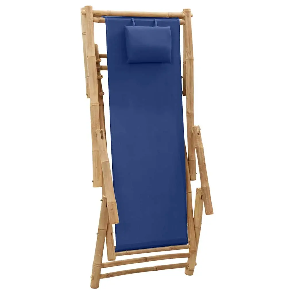 Outdoor Deck Chair Adjustable Backrest Bamboo Frame Canvas Seat Navy Blue