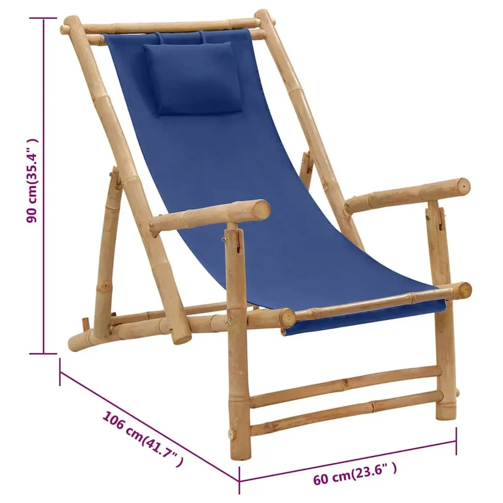 Outdoor Deck Chair Adjustable Backrest Bamboo Frame Canvas Seat Navy Blue