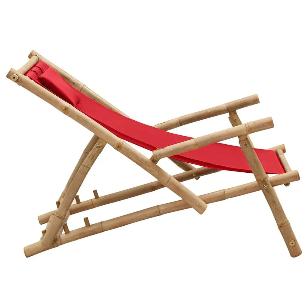 Outdoor Deck Chair Adjustable Bamboo Frame Canvas Red