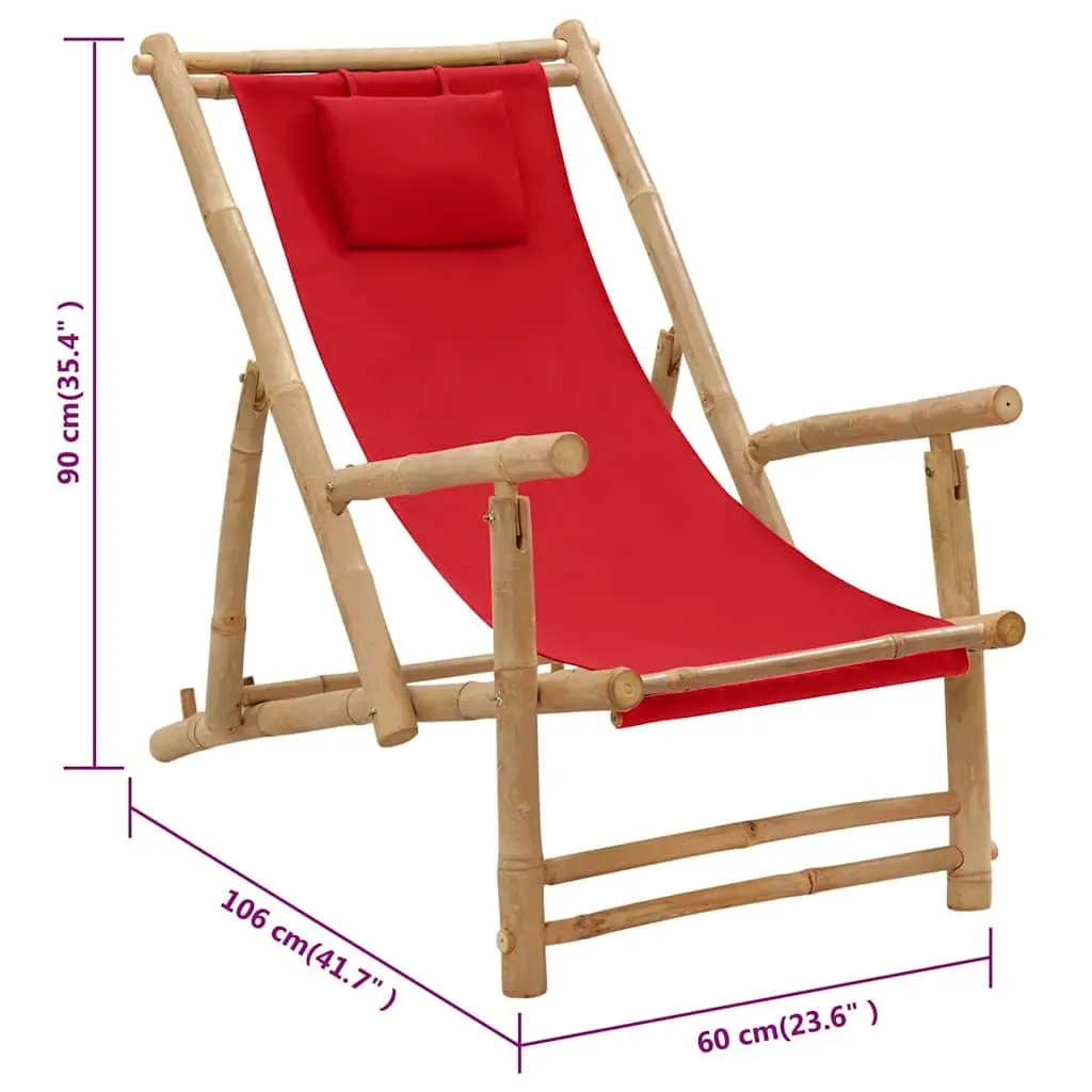 Outdoor Deck Chair Adjustable Bamboo Frame Canvas Red