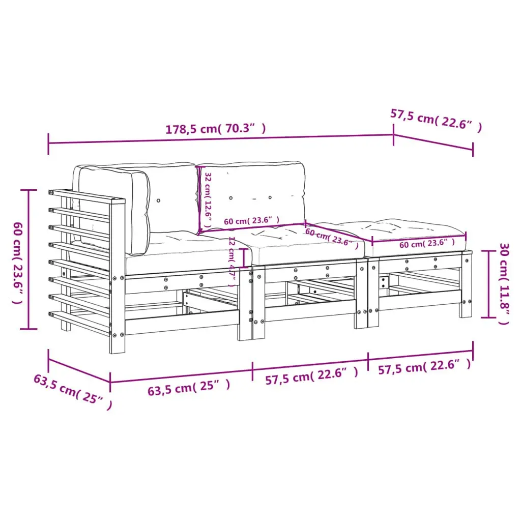 Garden Lounge Set 3 Piece Outdoor Furniture Patio Sofa Slatted Design Cushions