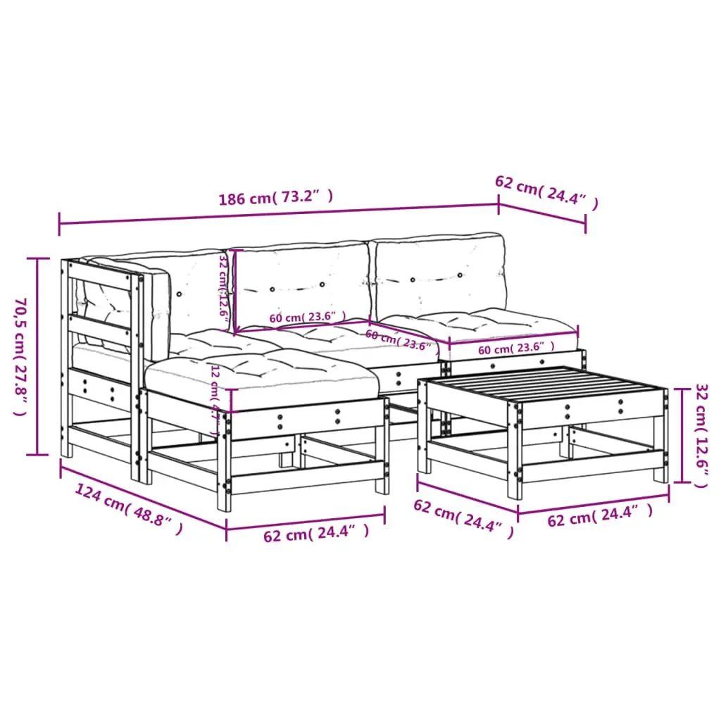 5 Piece Lounge Set with Solid Wood Construction