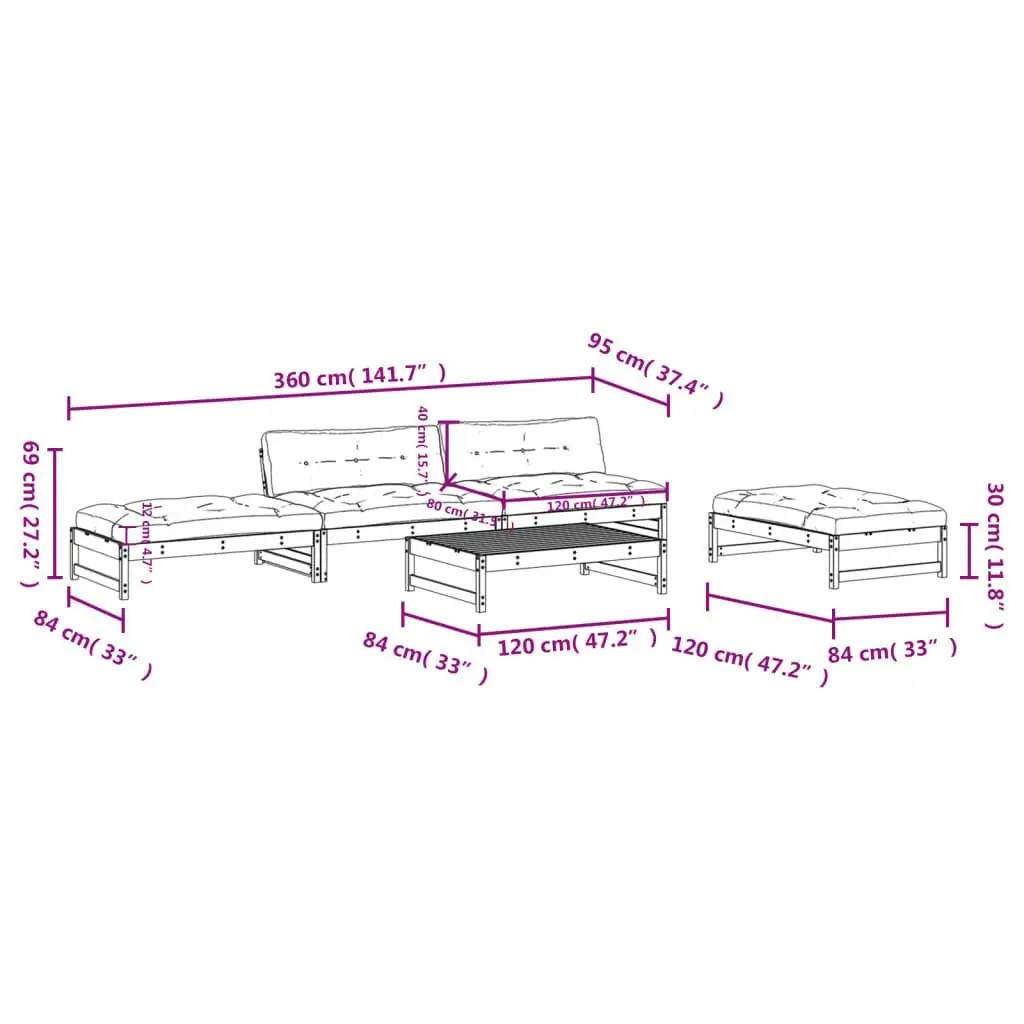 Wooden Garden Lounge Set 5 Piece Outdoor Furniture Cushions Black