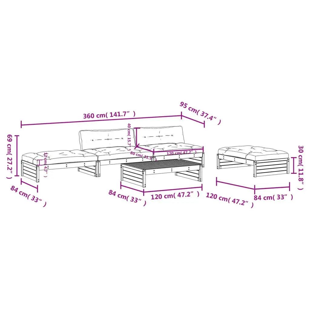 5 Piece Solid Wood Garden Lounge Set