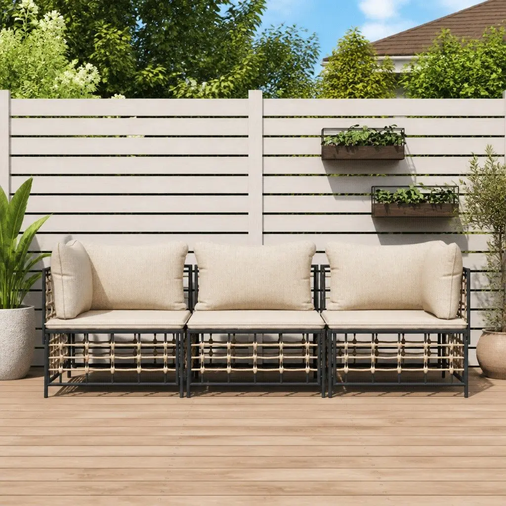 3 Piece Garden Lounge Set with Cushions Anthracite Poly Rattan Outdoor Sofa Set