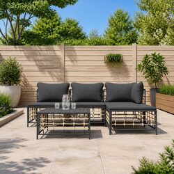 5 Piece Garden Lounge Set Outdoor Seating Sofa Cushions Anthracite Poly Rattan