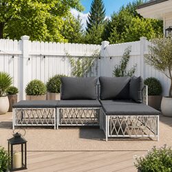 4 Piece Garden Lounge Set White Woven Fabric Cushions Outdoor Patio Furniture