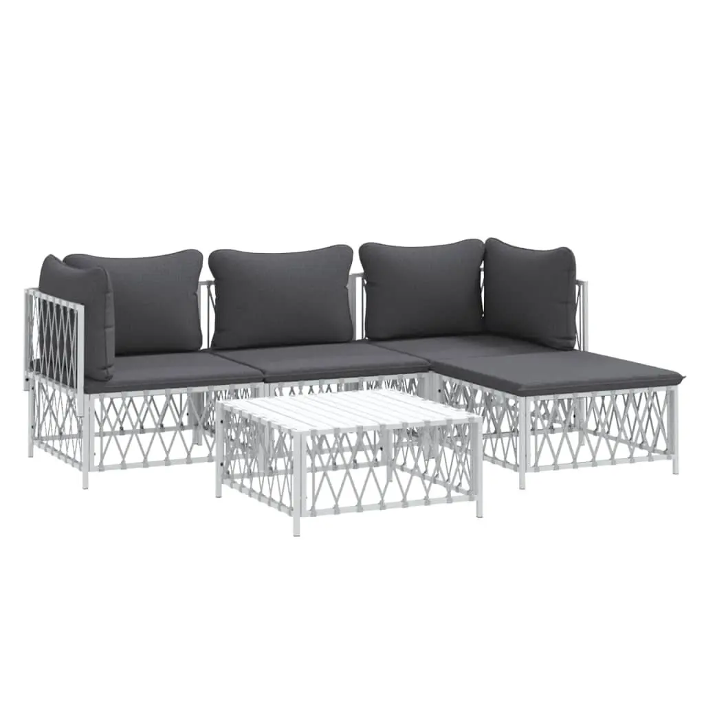 5 Piece Garden Lounge Set Outdoor Sofa White Steel Frame Woven Fabric Cushions