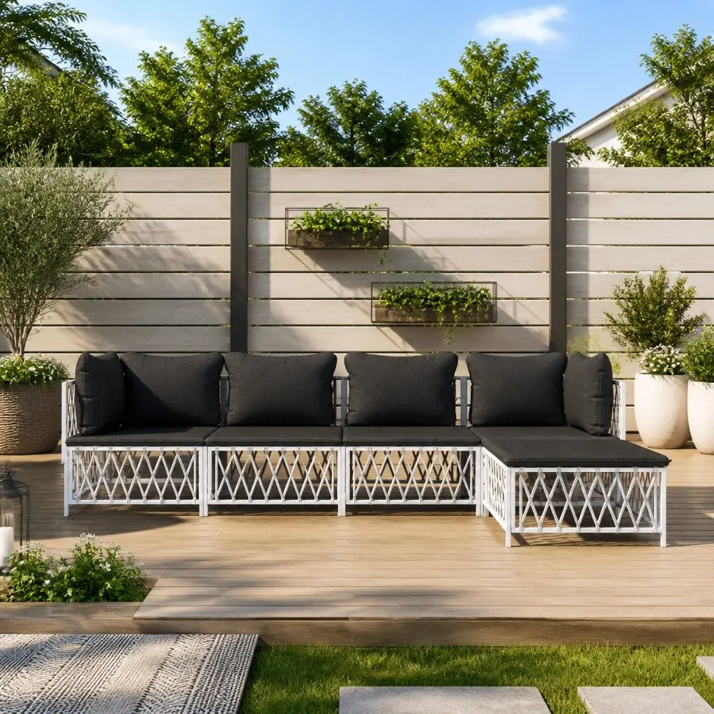 5 Piece Garden Lounge Set White Steel Frame Outdoor Furniture with Cushions